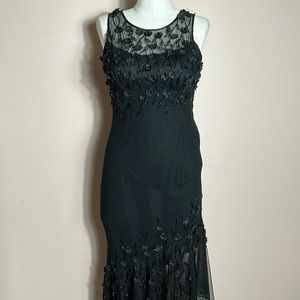 Cache Silk Mix Black Beaded Mesh Asymmetrical Maxi Dress size 2 vintage
